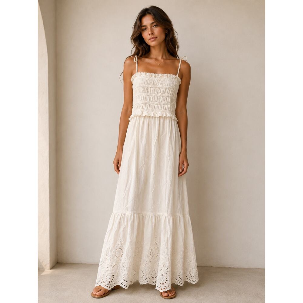 eseOese Cream Smocked Midi Dress